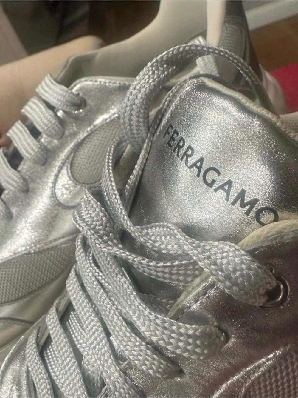 Designer men Salvatore Ferragamao Silver Metallic Platform Sneakers -